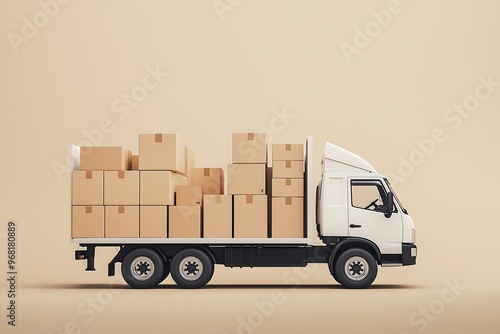 Delivery Truck Filled with Cardboard Boxes on Beige Background photo