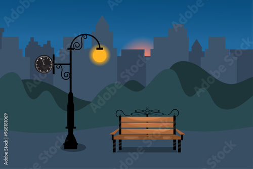 City park with bench landscape empty public place for walking with moon and Streetlights lamppost