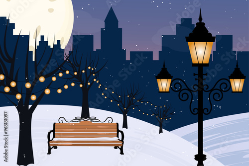 Winter city park with wooden bench. Urban empty public garden landscape garlands with big moon and Streetlights lamppost