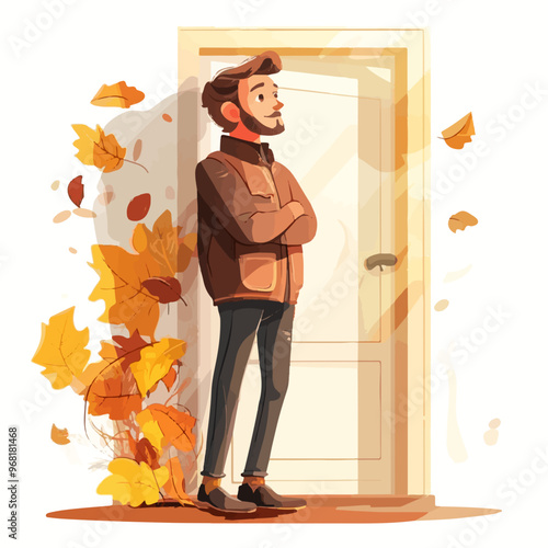 Vector caricature-style illustration of a man standing near a door with autumn leaves blowing. Perfect for seasonal designs, character art, and fall themes.
