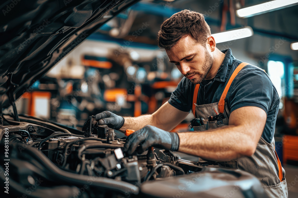 A mechanic working on car engine in garage, focused and skilled A mechanic working on car engine in garage, focused and skilled