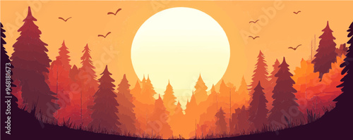 Flat vector illustration of a bright autumn sun rising above a dense forest. Ideal for seasonal content, nature designs, and outdoor themes.