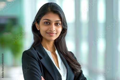 A bright-eyed Indian girl beams with confidence in her corporate portrait, embodying determination and aspiration for professional growth.