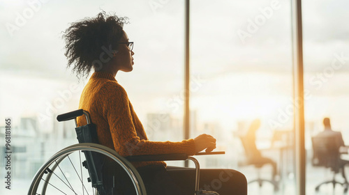 A businesswoman in a wheelchair sits by a large window in a modern office, looking thoughtfully outside. The image highlights professionalism, focus, and inclusivity in the workplace. photo