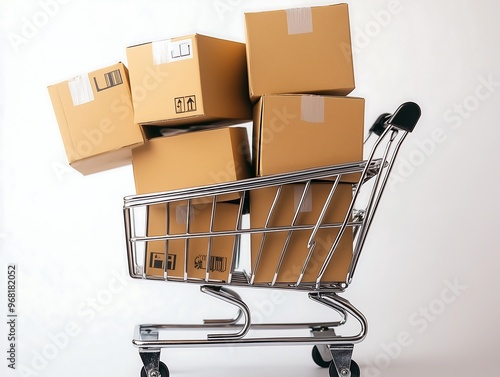 Shopping Cart Filled with Stacked Delivery Boxes photo