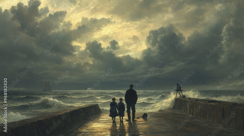 Obraz premium A father and his children stand at the pier's edge, facing the vast expanse of the sea.