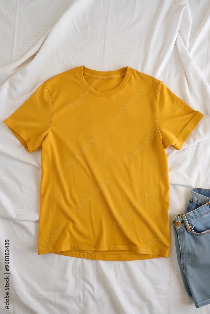 Yellow plain t-shirt mockup with casual jeans and soft fabric, fashion display Yellow plain t-shirt mockup with casual jeans and soft fabric, fashion display