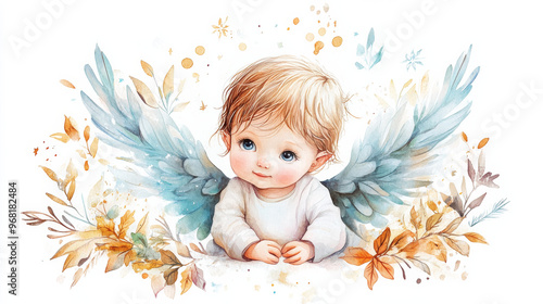An adorable baby angel with light blonde hair and blue eyes, resting with soft blue wings surrounded by autumn leaves, creating a peaceful and festive Christmas scene.