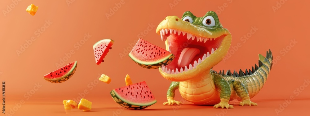 A playful crocodile toy enjoying slices of watermelon against a vibrant orange background in a fun setting A playful crocodile toy enjoying slices of watermelon against a vibrant orange background in a fun setting