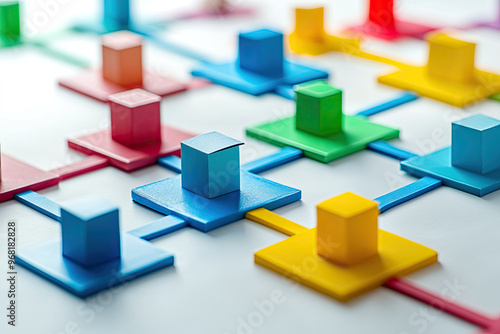 A colorful diagram illustrating an organizational structure with various shapes