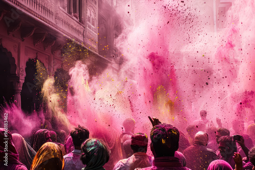 A group of people are dancing in the street with colorful powder. photo