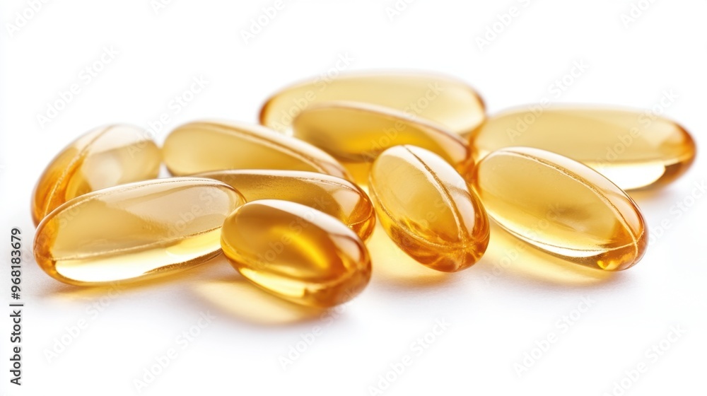 Close-up of omega-3 fish oil capsules on white background Close-up of omega-3 fish oil capsules on white background