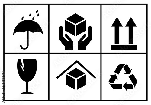 Illustrations of icons for packaging and cargo handling.
Each one represents a concept related to packaging and handling instructions.