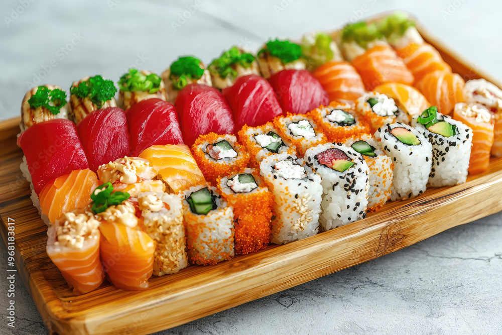 A vibrant display of sushi rolls on wooden platter, showcasing various colors and textures A vibrant display of sushi rolls on wooden platter, showcasing various colors and textures