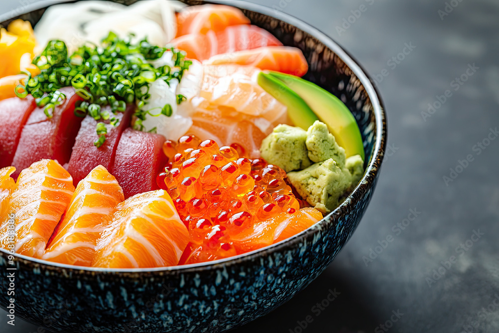 A vibrant plate of chirashi sushi with assorted toppings, showcasing fresh ingredients and colors A vibrant plate of chirashi sushi with assorted toppings, showcasing fresh ingredients and colors