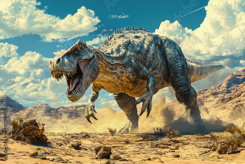 A powerful Carcharodontosaurus roams desert landscape, showcasing its fierce presence photo