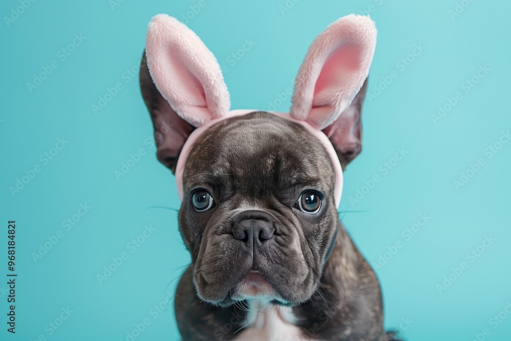 french bull dog with bunny ears headband on a pastel blue background french bull dog with bunny ears headband on a pastel blue background