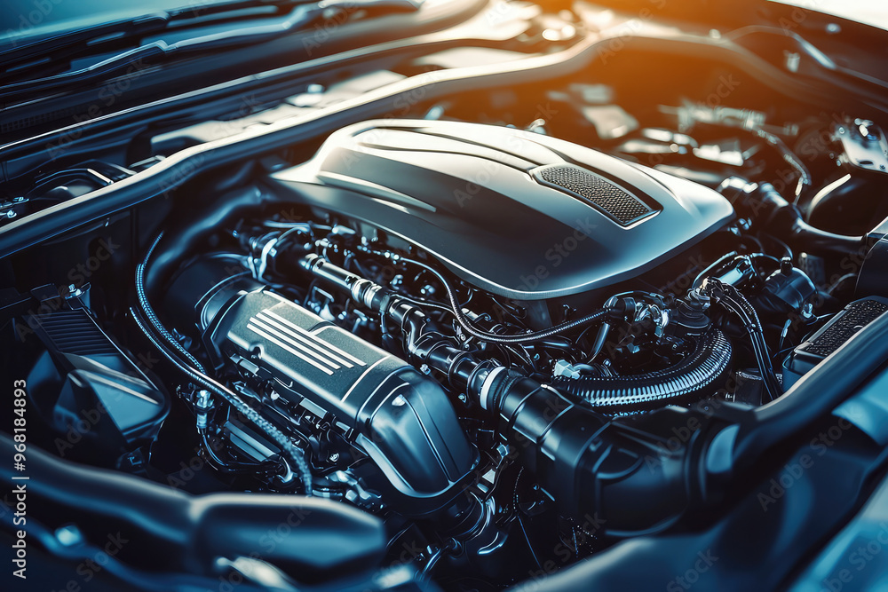 High performance engine compartment of luxury car, showcasing intricate design and engineering High performance engine compartment of luxury car, showcasing intricate design and engineering