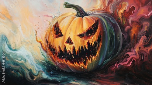 Abstract Oil Painting of a Glowing, Fanged Pumpkin photo