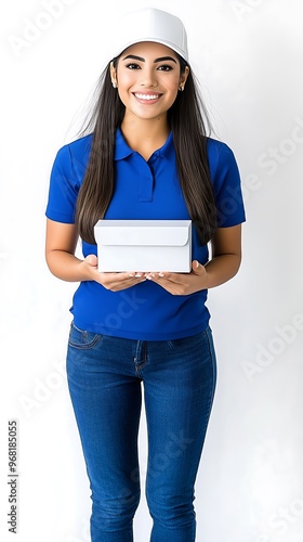 Smiling Female Courier Holding a Box in Blue Uniform photo