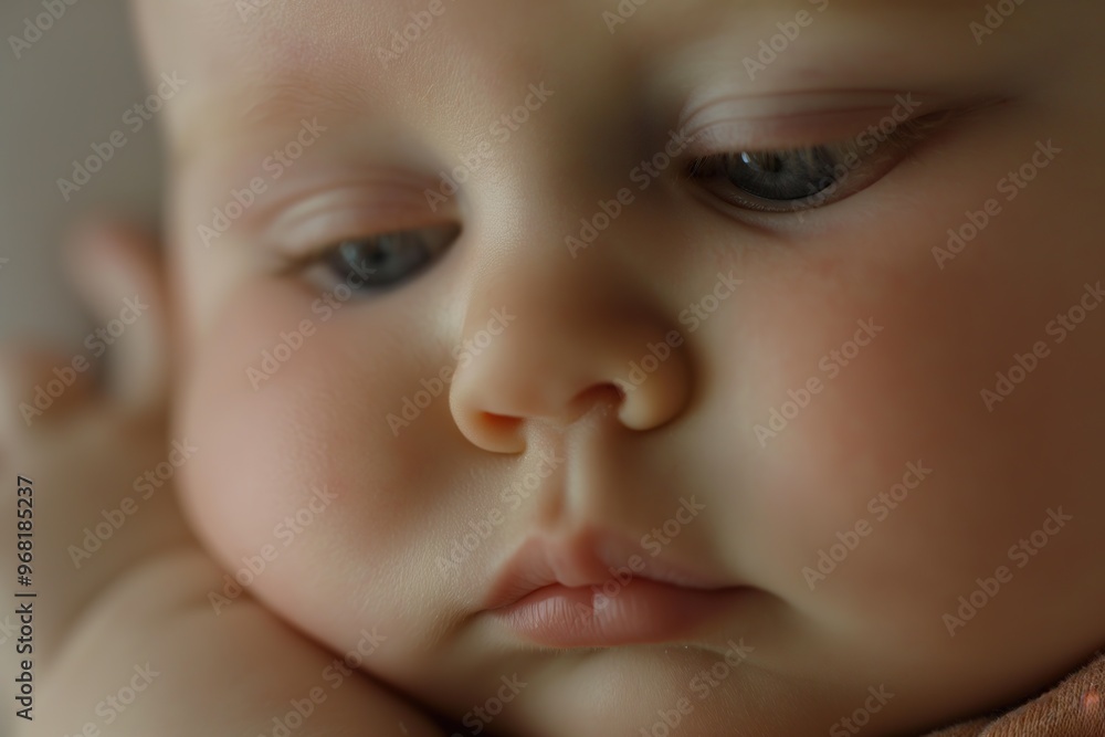 The baby gazes thoughtfully, resting their chin on a hand, with delicate features illuminated by gentle light The baby gazes thoughtfully, resting their chin on a hand, with delicate features illuminated by gentle light