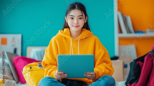 Woman Sitting with Laptop in Bright Room Surrounded by Boxes photo