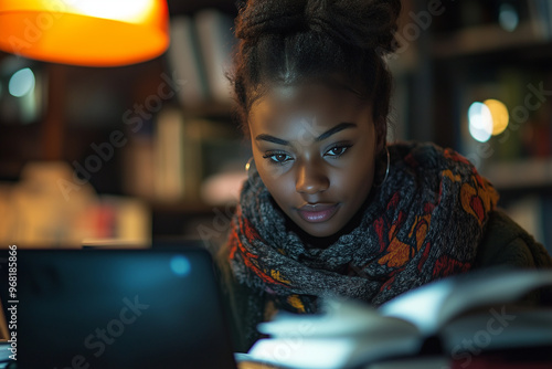A student intensely focused on writing an essay, surrounded by notes, books, and a laptop screen glowing in the dim light.