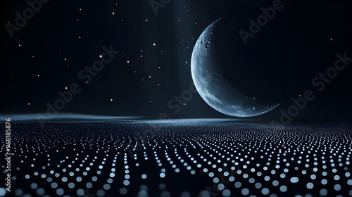 Glowing half moon shining against dark with lights image