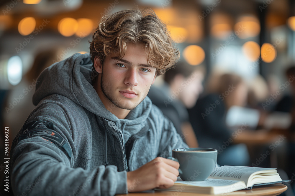 A student relaxing in a campus café, sipping coffee and flipping through a textbook, taking a break from studying. A student relaxing in a campus café, sipping coffee and flipping through a textbook, taking a break from studying.