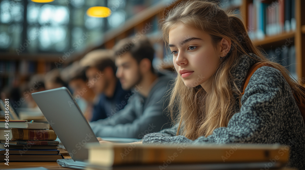 A library scene with students studying at desks, surrounded by stacks of books and laptops, deep in concentration. A library scene with students studying at desks, surrounded by stacks of books and laptops, deep in concentration.