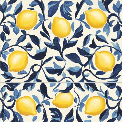 Classic Vietri tile from the Amalfi Coast, Italian, with lemons and decorations photo