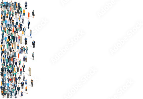 illustration vectorielle montrant une foule multi raciale de personnages d'âges et de culture différents. Familles, personnes âgées, enfants et personnes au travail en flat design. Place pour le texte