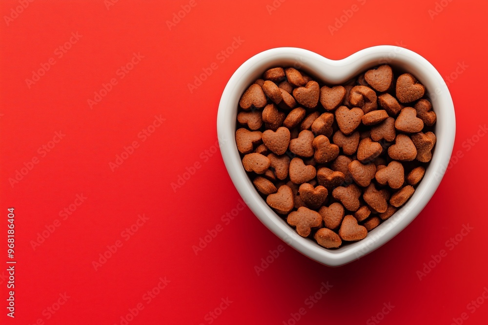 Dry dietary food for cats and dogs in a bowl, shaped like hearts as a symbol of love for pets, set against a solid color background. Celebrating Valentine's Day with healthy pet nutrition and feeding Dry dietary food for cats and dogs in a bowl, shaped like hearts as a symbol of love for pets, set against a solid color background. Celebrating Valentine's Day with healthy pet nutrition and feeding