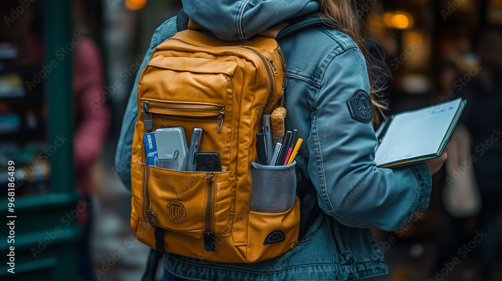 A student’s backpack filled with notebooks, pens, and snacks, capturing the essentials of a busy day on campus. A student’s backpack filled with notebooks, pens, and snacks, capturing the essentials of a busy day on campus.
