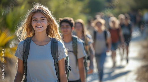 A group of students walking together after class, discussing their next assignment and enjoying the camaraderie.