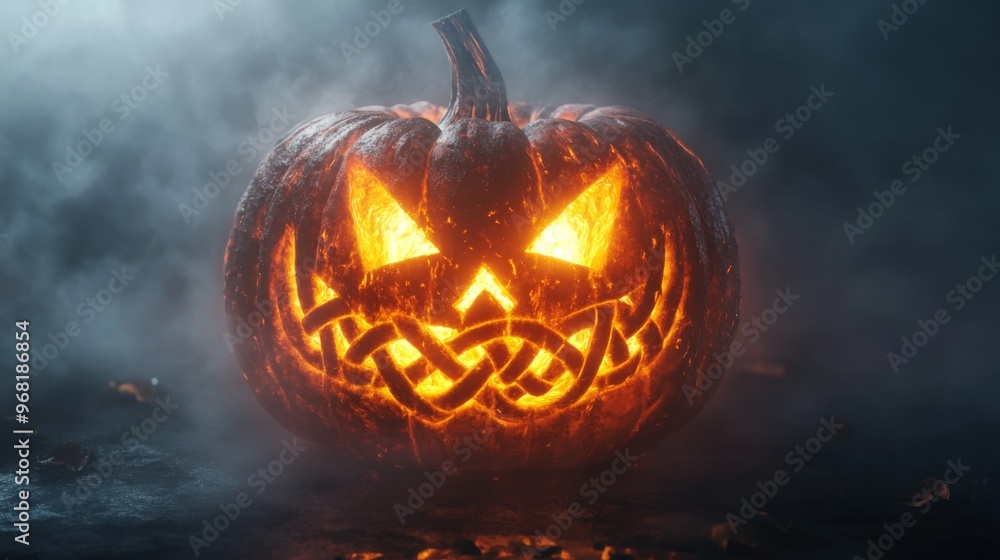 Glowing Jack-o'-Lantern with Intricate Carving in a Smoky Setting Glowing Jack-o'-Lantern with Intricate Carving in a Smoky Setting