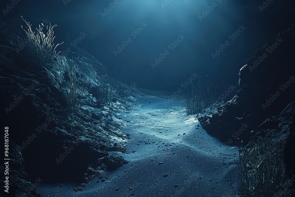 Mysterious underwater trench with soft sand and aquatic plants Mysterious underwater trench with soft sand and aquatic plants