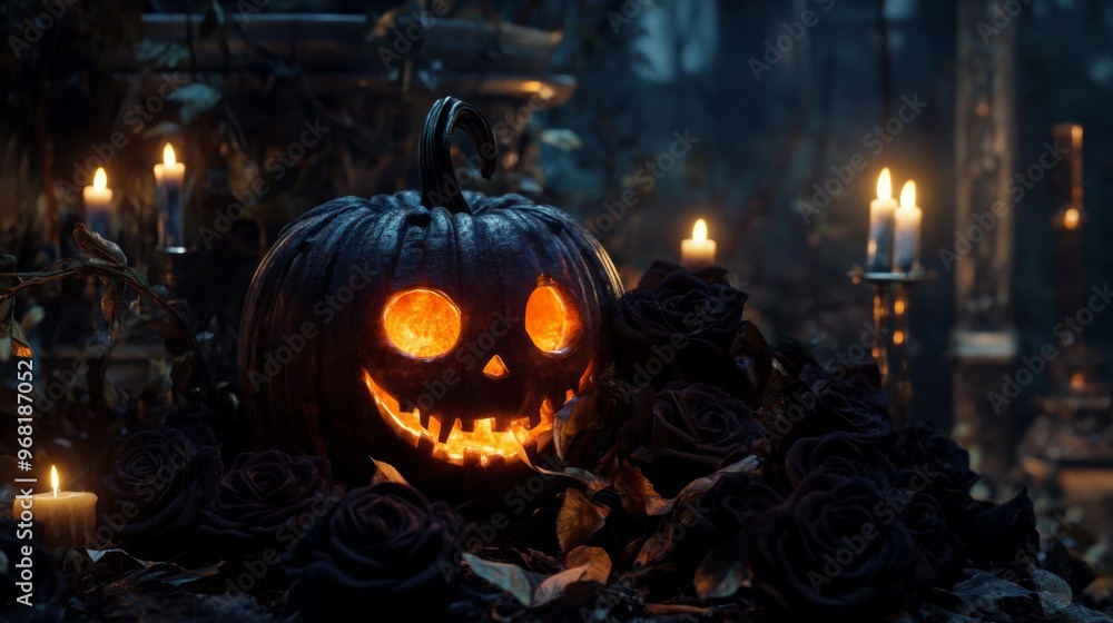 Obraz premium Jack-o'-Lantern with Black Roses and Candles