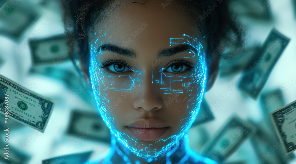 An AI entity with female human features surrounded by holographic patterns and floating dollar bills, symbolizing the integration of artificial intelligence into financial management. An AI entity with female human features surrounded by holographic patterns and floating dollar bills, symbolizing the integration of artificial intelligence into financial management.
