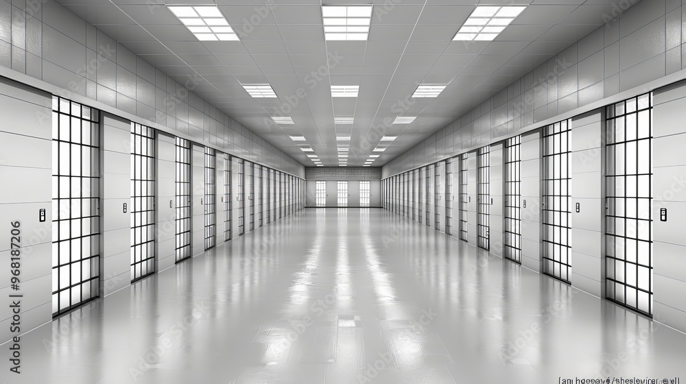 Fototapeta premium Illuminated prison corridor featuring rows of cells and barred doors with a clean walkway