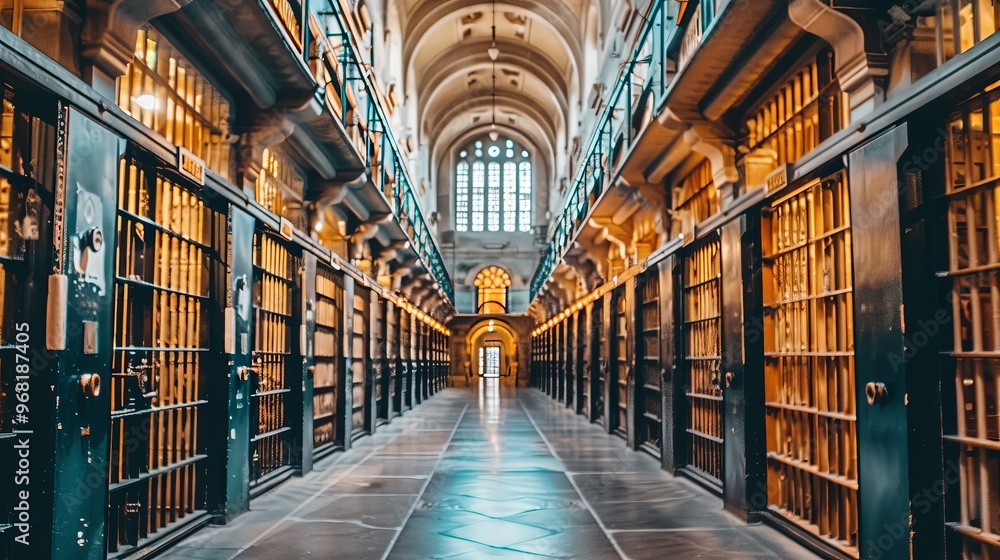 Fototapeta premium Prison corridor featuring rows of cells with barred doors under bright ceiling lighting