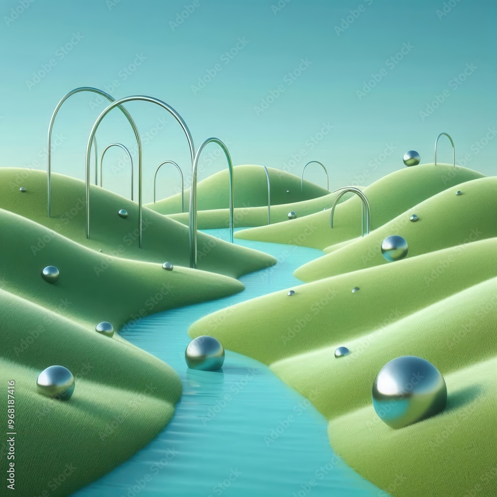Obraz premium A vibrant, surreal landscape featuring rolling green hills, reflective spheres, and flowing water, perfect for creative projects in design, technology, and wellness sectors.