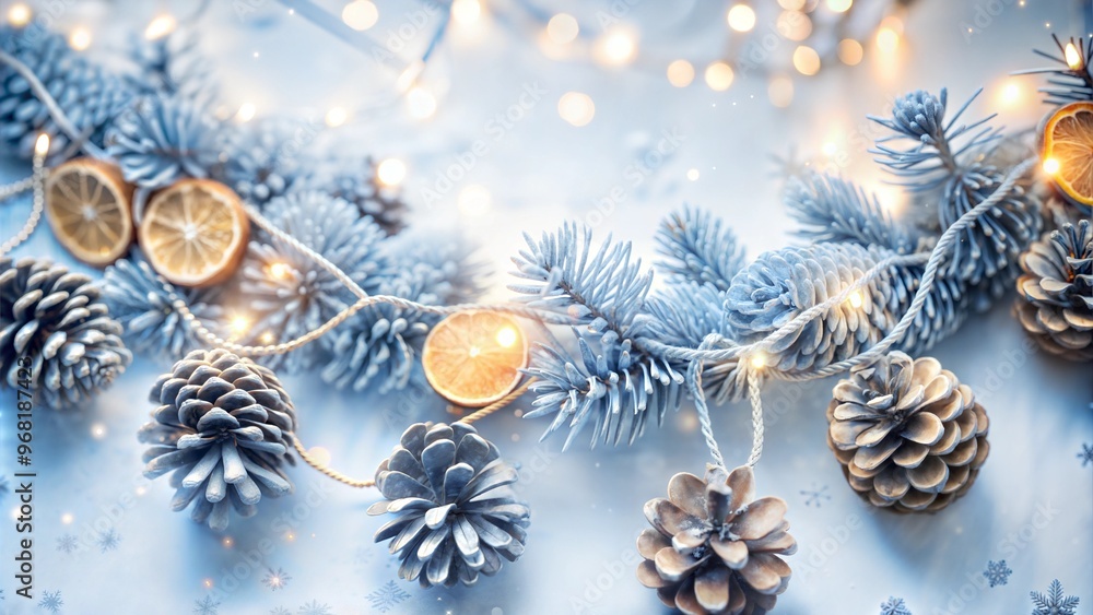 Frosted pinecones and dried orange garland on snowy branches with warm lights, winter solstice decor Frosted pinecones and dried orange garland on snowy branches with warm lights, winter solstice decor