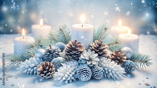  Winter solstice candles with frosted pinecones and fir branches in snowy decor