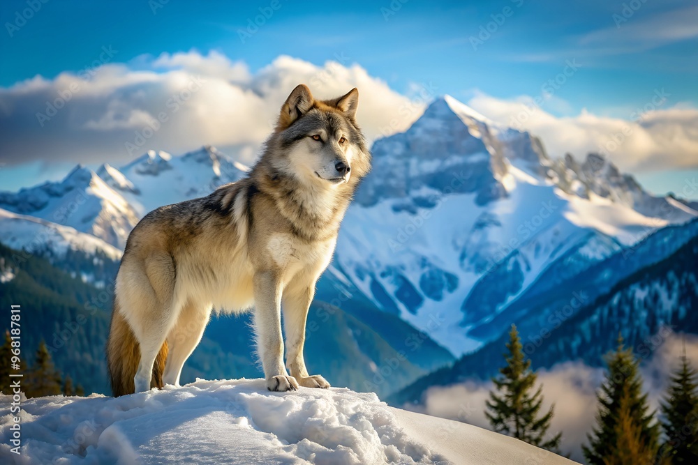 Naklejka premium Majestic wolf standing on snowy mountain peak with breathtaking scenic mountain range in the background under clear blue sky