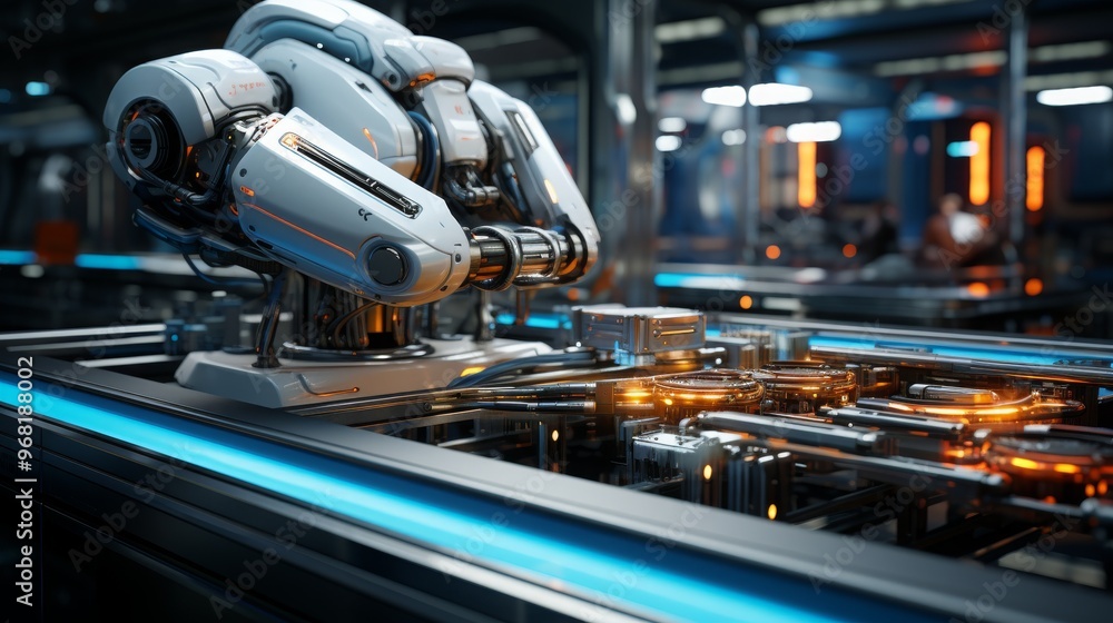 Fototapeta premium An advanced automated spacecraft production facility utilizes sophisticated robotics for assembly