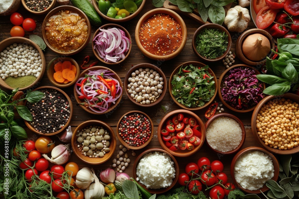 Many bowls of different vegetables and spices on a table Many bowls of different vegetables and spices on a table