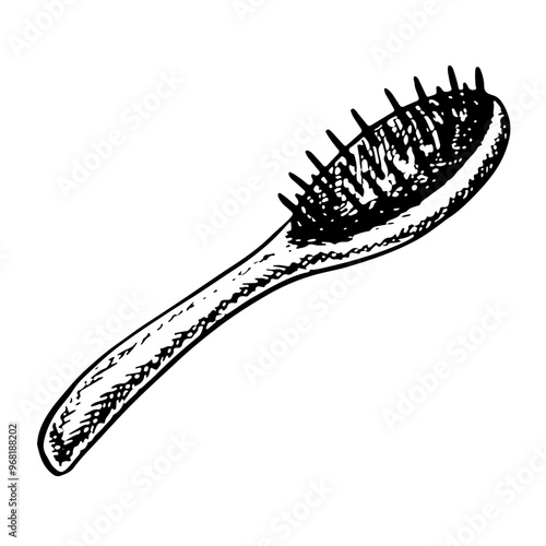 A comb is a brush for combing hair. Black and white vector graphics made by hand. Isolate on a white background. An element of the design of a flyer, banner and poster, packaging and labels.