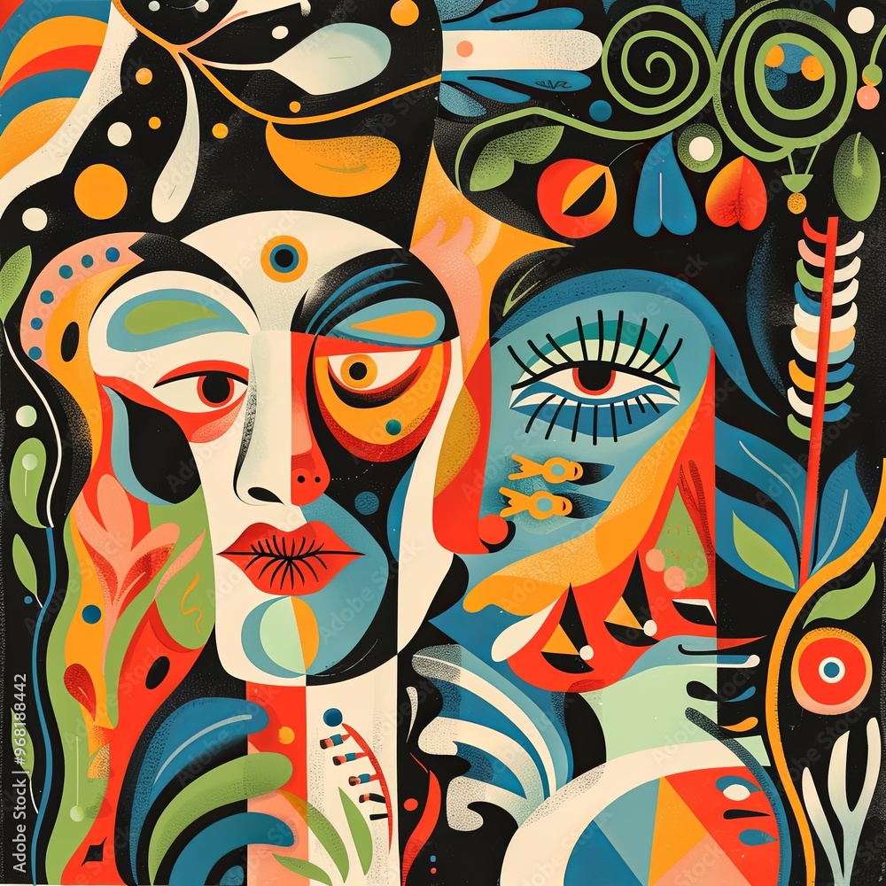 Cubist collage with a human face and various geometric shards. Artwork. The painting is abstract and has many different colors. Illustration for cover, card, postcard, interior design, decor or print. Cubist collage with a human face and various geometric shards. Artwork. The painting is abstract and has many different colors. Illustration for cover, card, postcard, interior design, decor or print.
