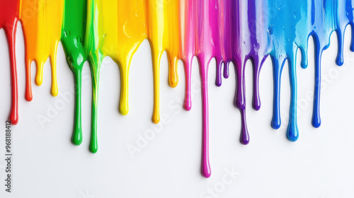 Rainbow colored paint dripping down a white background